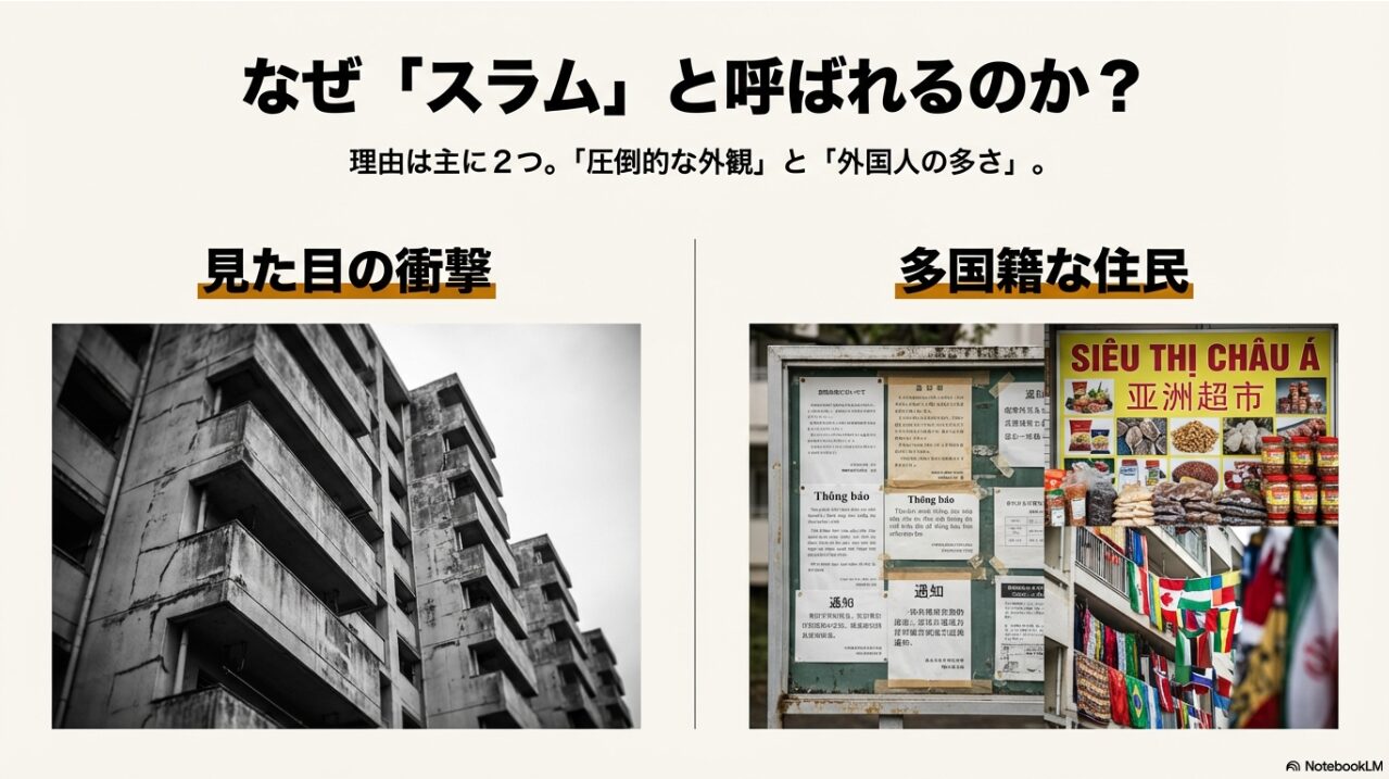 いちょう団地のコンクリートむき出しの重厚な外観写真と、多言語の貼り紙の写真。