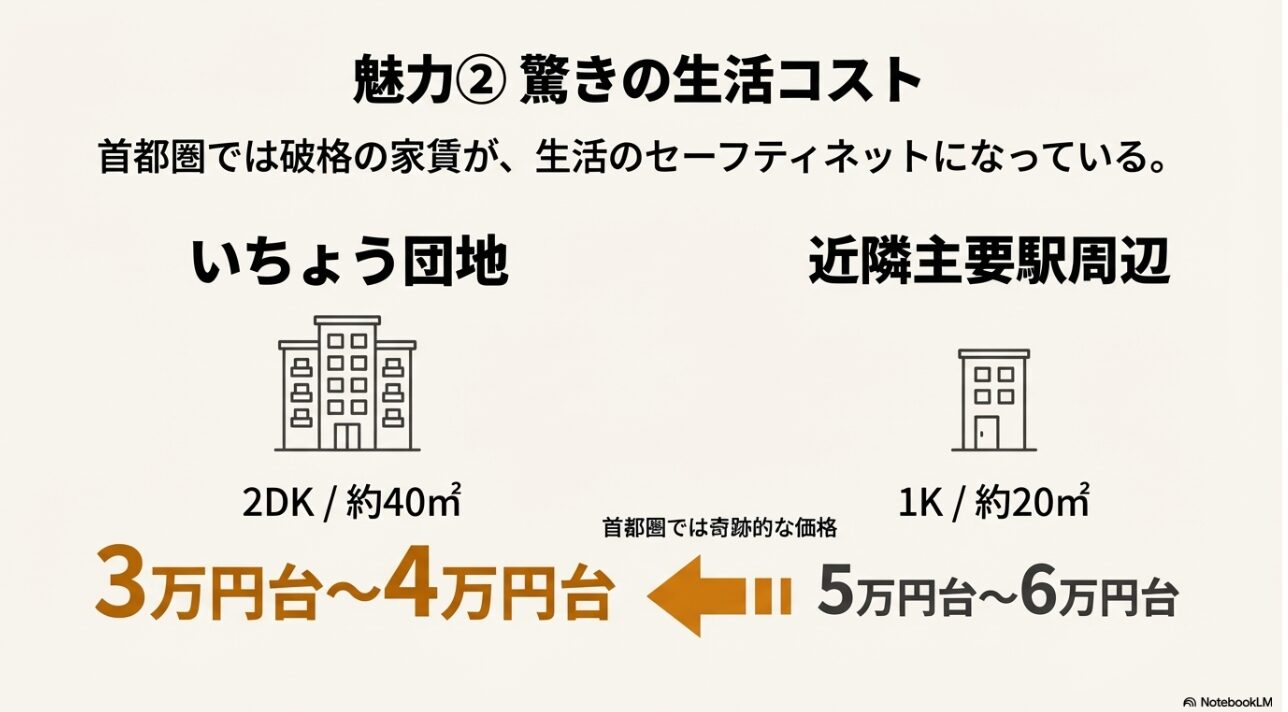 いちょう団地の広い2DK（3〜4万円台）と近隣駅チカ物件の狭い1K（5〜6万円台）の家賃を比較し、生活コストの安さを強調したスライド。