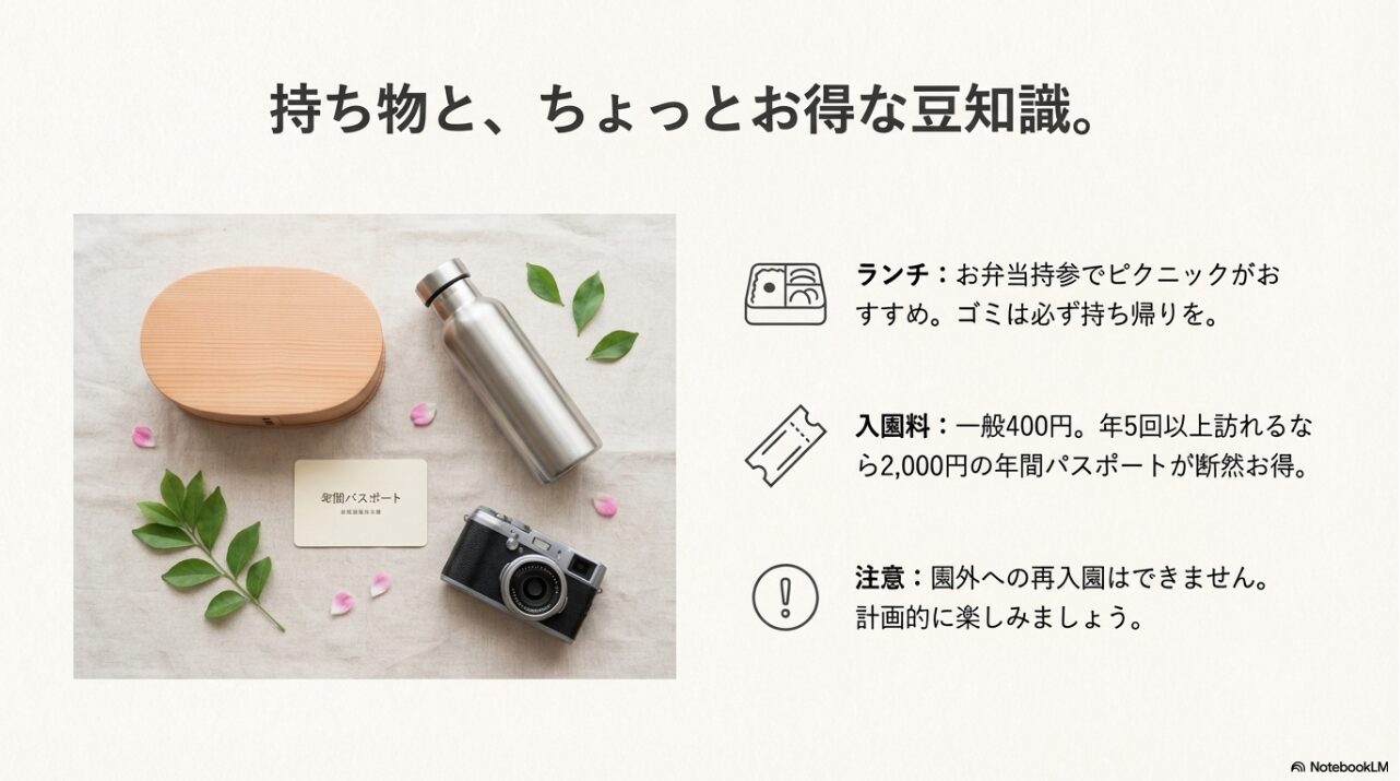 お弁当、水筒、カメラ、年間パスポートが並んだ、ピクニックと再入園禁止の注意を促すイメージ画像