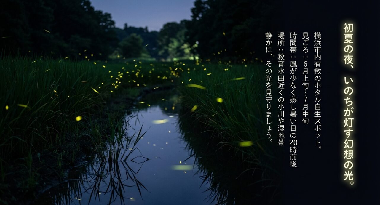 こども自然公園のホタル鑑賞情報。6月上旬から7月中旬の見ごろ時期や、20時前後の時間帯、教育水田近くの鑑賞スポットについて 。