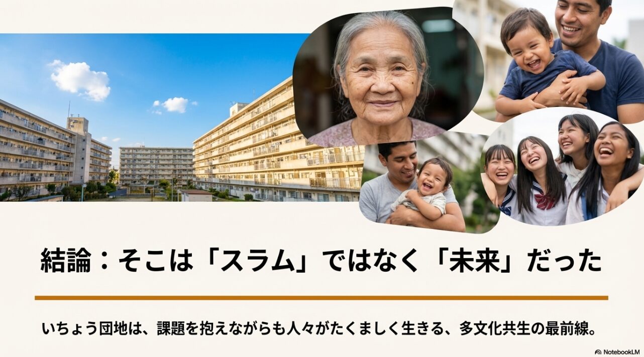 そこは『スラム』ではなく『未来』だった」という結論のメッセージ。課題を抱えつつもたくましく生きる多文化共生の最前線であることを伝えるスライド。