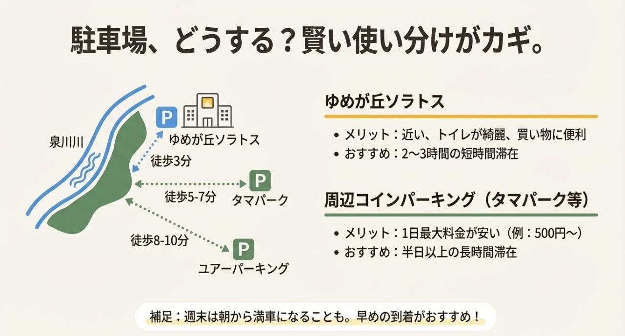 ゆめが丘ソラトス駐車場と周辺コインパーキング（タマパーク、ユアーパーキング）のメリット、徒歩分数、おすすめの滞在時間を比較したスライド。