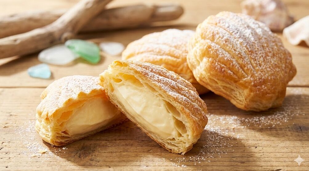 イル・ド・ショコラの「生シェルパイ」。貝殻の形をしたパイ菓子と、中に入った特製クリームの断面図。