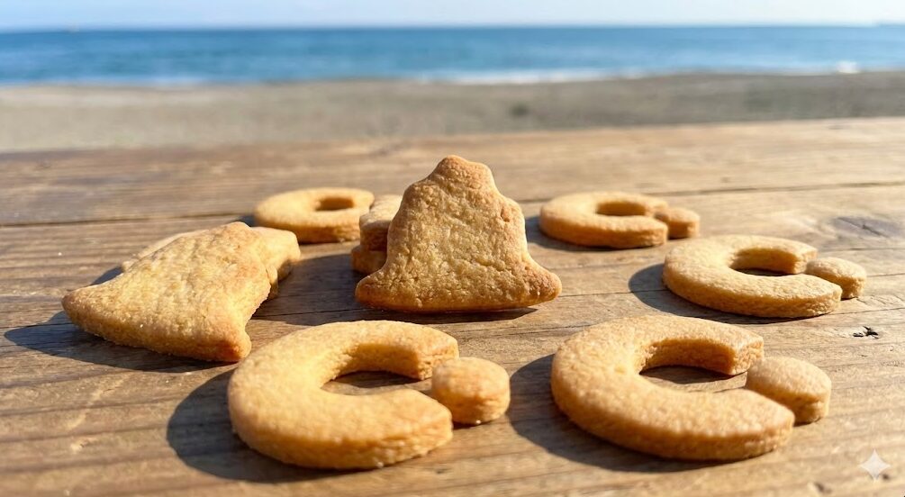 エトアール洋菓子店の「サザンサブレー」。茅ヶ崎のえぼし岩とサザンCの形をしたクッキーがテーブルに置かれている様子。