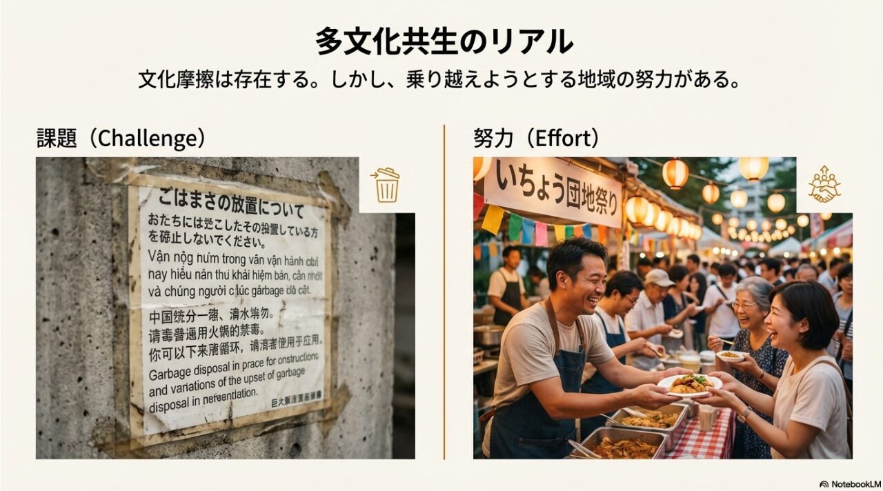 ゴミ出しルールの多言語掲示物や、いちょう団地祭りの賑わいの写真。文化摩擦という課題に対し、地域が努力して乗り越えようとしている