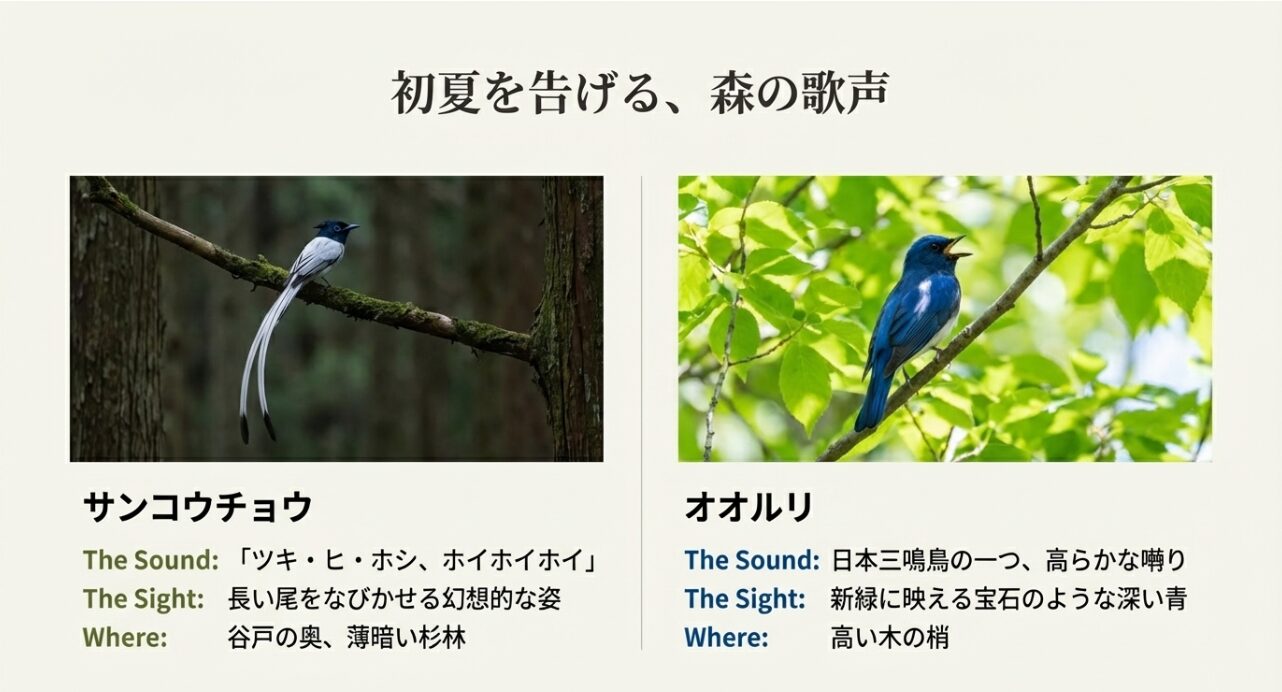 サンコウチョウとオオルリの鳴き声、姿、観察できる場所の特徴をまとめたスライド