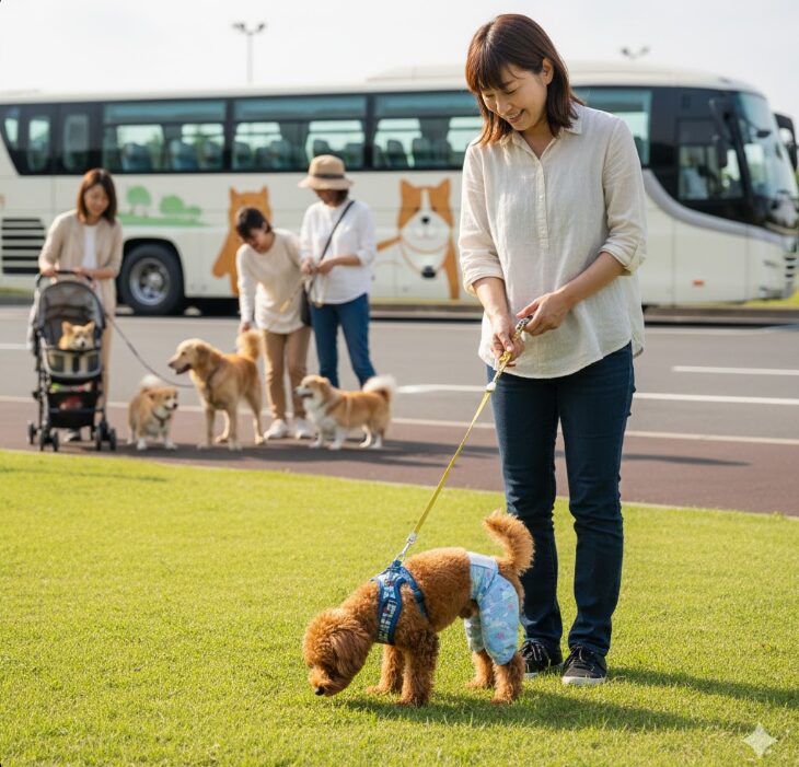 サービスエリア（SA）の緑地でリードを付け、マナーパンツ（おむつ）を着用して休憩中の犬。トイレマナーの重要性を表現。
