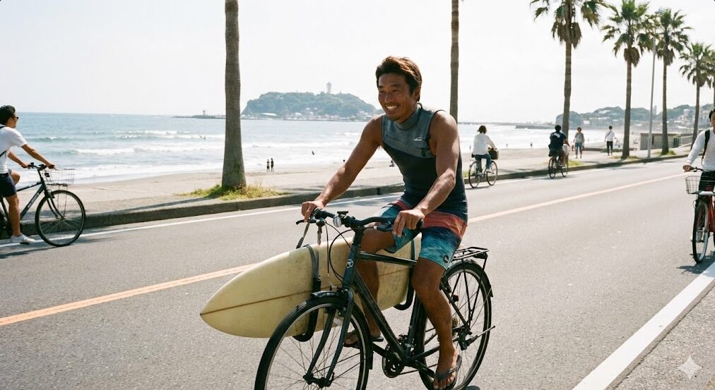 サーフボードキャリアを装着した自転車に乗って、茅ヶ崎の海岸沿いを移動する日本人。機動性のあるアクセス方法。