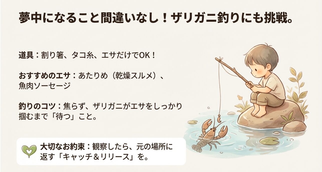 ザリガニ釣りに必要な道具（割り箸、タコ糸、あたりめ等）と、釣るためのコツ、キャッチ＆リリースのマナーについての紹介。