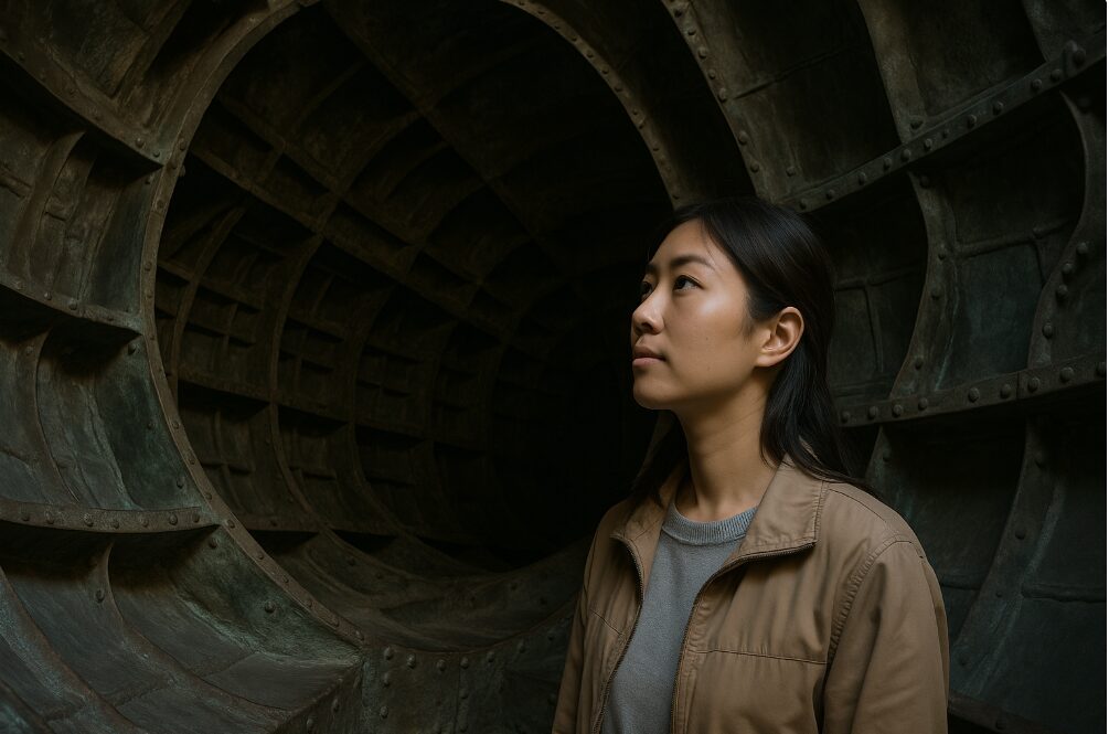 -鎌倉大仏（高徳院）の胎内拝観の様子。鋳造内部の構造が見える、薄暗い空間。