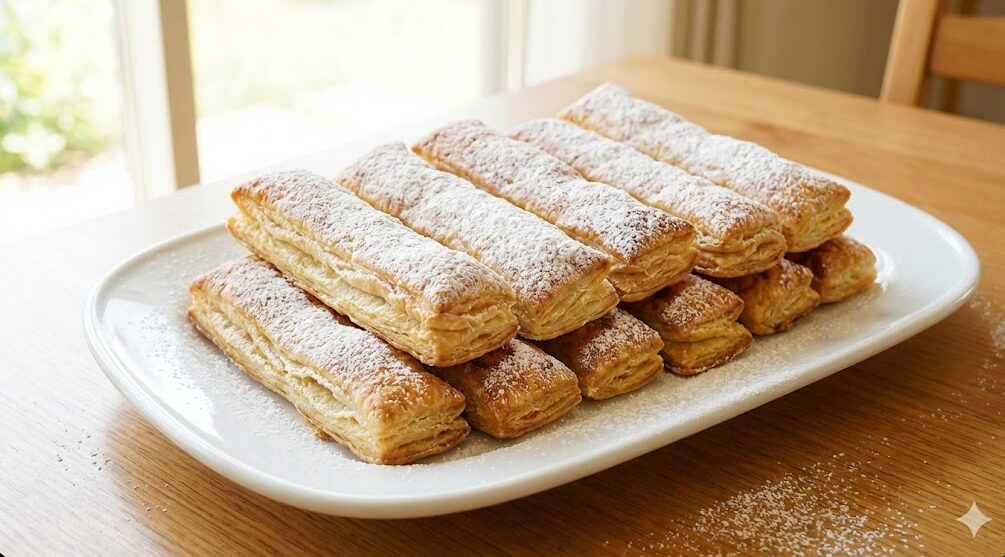 湘南クリエイティブ・ガトー葦の人気商品「湘南チーズパイ」。粉糖がかかったサクサクのスティックパイが皿に盛られている様子。
