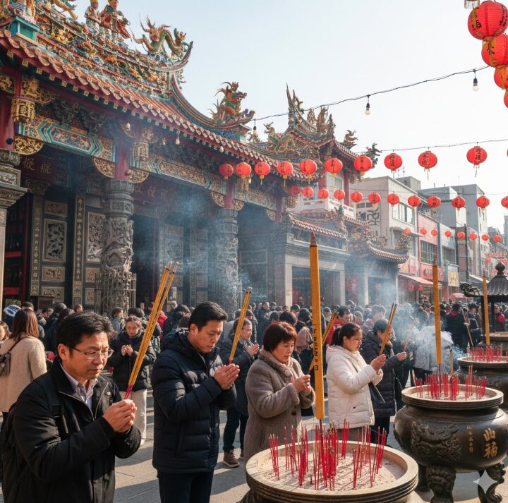 横浜中華街の関帝廟の絢爛豪華な建築と、長い線香を持って参拝する人々の風景