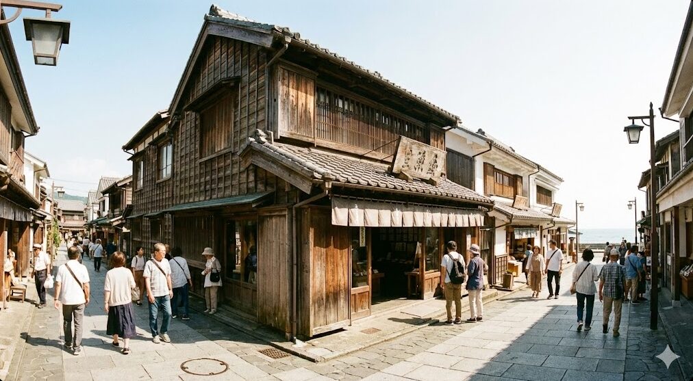 天明元年創業の老舗「鱗吉」の店構えや、趣のある「かまぼこ通り」のレトロな街並み。歴史と文化を感じさせる風景。2