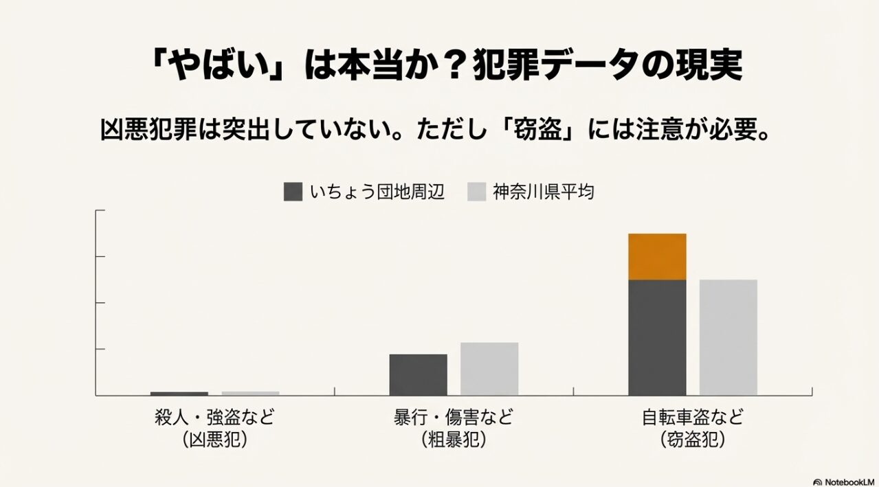 凶悪犯罪はいちょう団地周辺で突出していないことを示すグラフと、ただし自転車盗などの窃盗には注意が必要であることを比較したスライド。