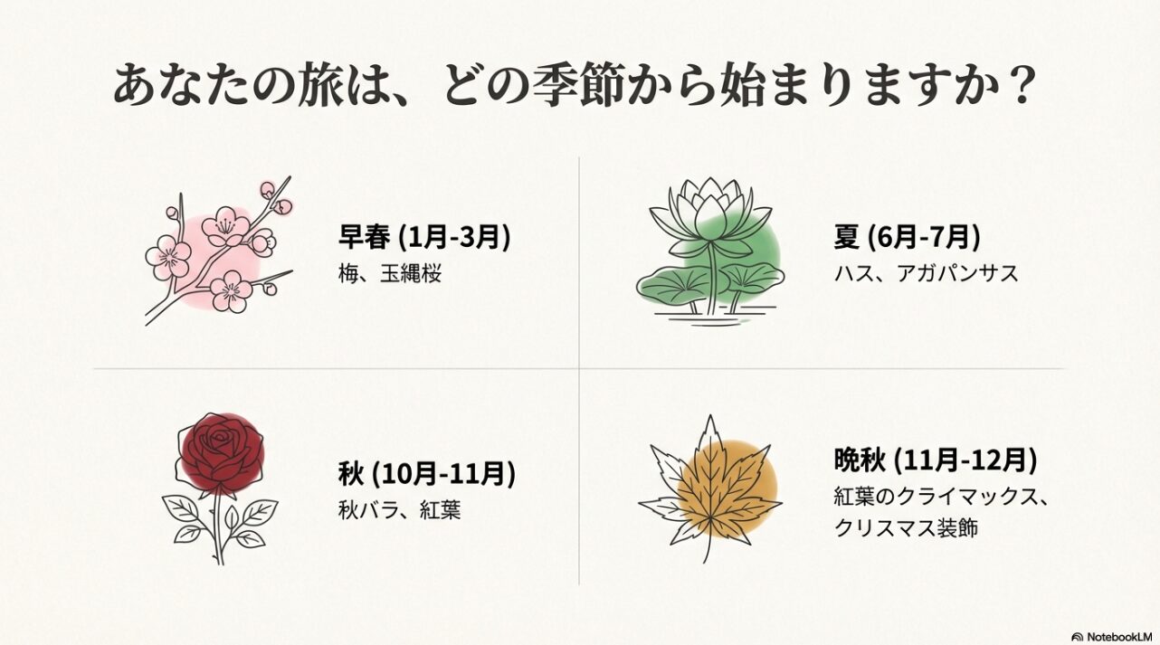 早春の梅、夏のハス、秋のバラ、晩秋の紅葉など、季節ごとの主役を紹介するイラストスライド