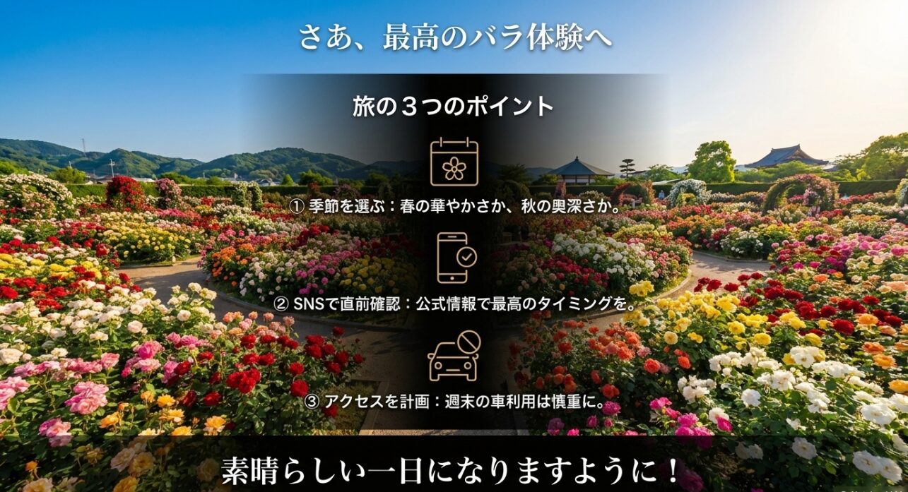 季節の選択、SNSでの直前確認、アクセス計画という、最高のバラ体験のための3つのポイントまとめ
