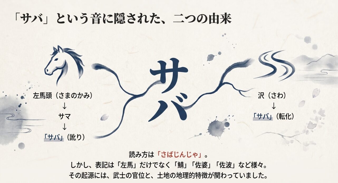 左馬頭（さまのかみ）からサマ、サバへの訛りと、沢（さわ）からサバへの転化、および鯖・佐婆・佐波などの漢字表記の多様性を示す図解スライド