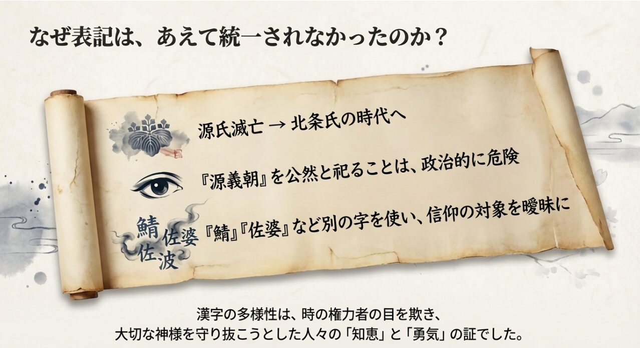 源氏滅亡後の北条氏の時代、源義朝を祀ることを隠すために「鯖」や「佐婆」という字を使って信仰を守った知恵と勇気を解説するスライド