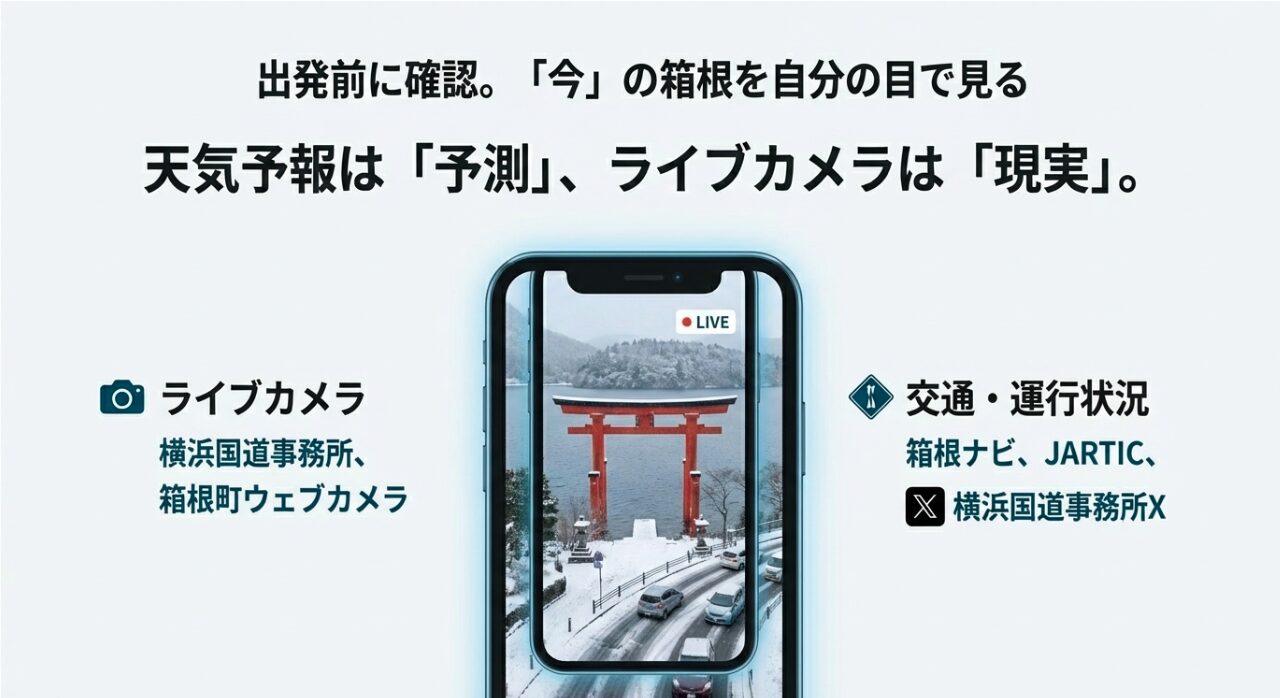 スマートフォンの画面に映し出された雪の箱根神社・平和の鳥居周辺のライブカメラ映像イメージ。