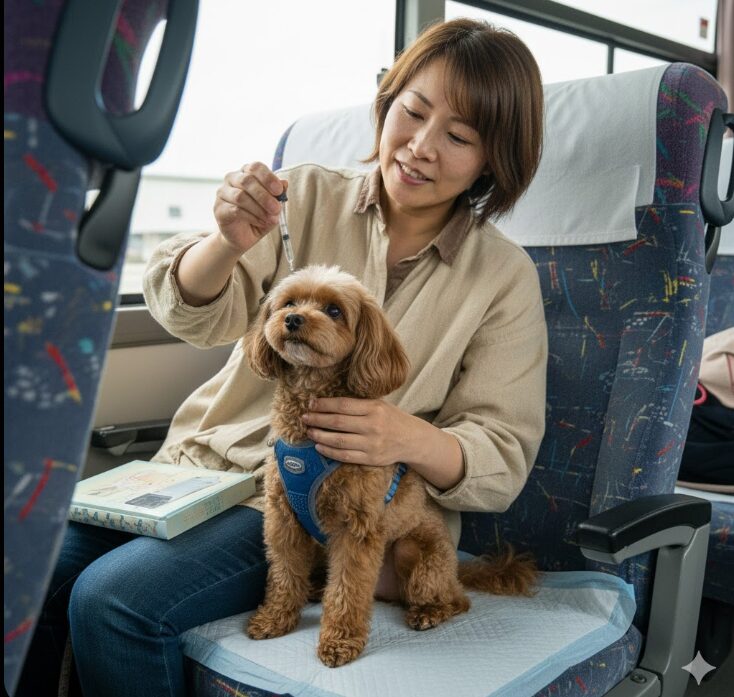 バスに乗る前に、愛犬に車酔い対策の薬（酔い止め）を優しく与えている日本人飼い主の手元と犬の顔。