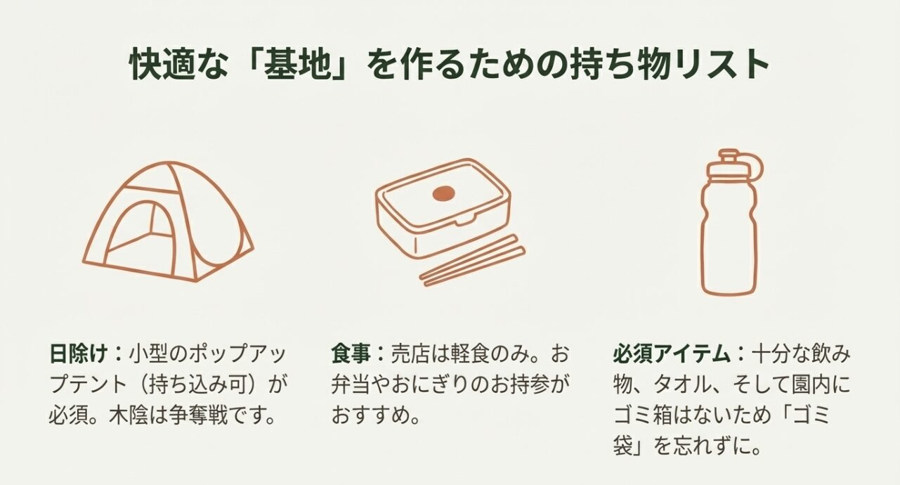 ポップアップテント、お弁当、飲み物、ゴミ袋など、公園に持参すべきアイテムのリスト