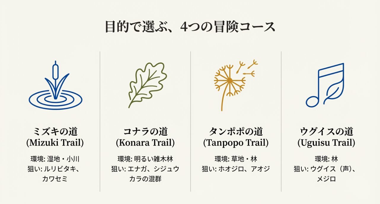 ミズキ、コナラ、タンポポ、ウグイスの各道の環境と狙える鳥の解説