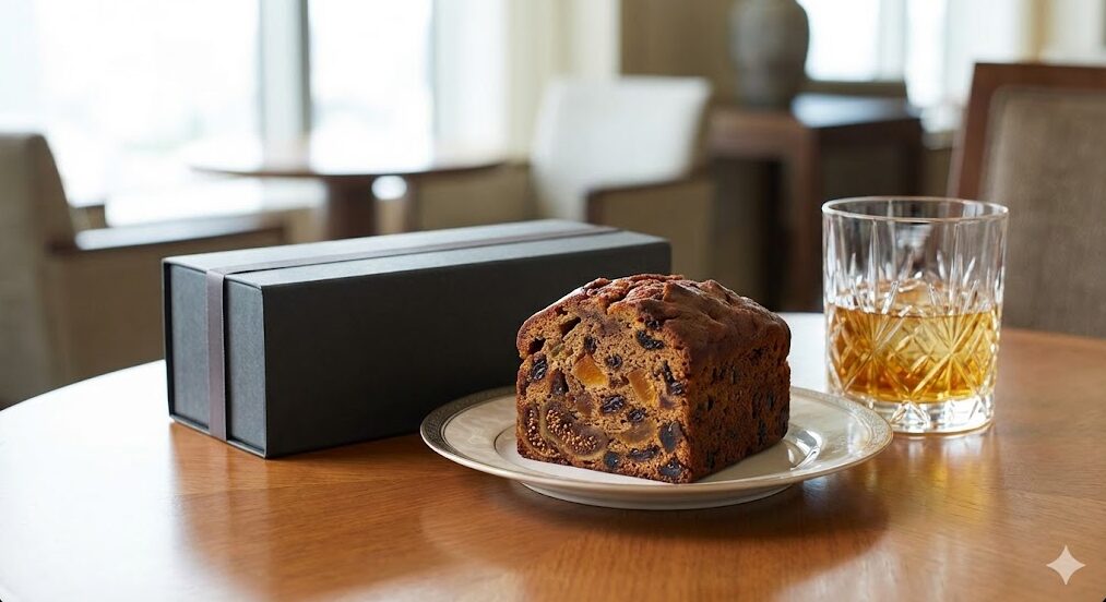 メゾンボングゥの高級パウンドケーキ「ケーク・アングレーズ」。ドライフルーツが入った断面と洗練されたギフトボックス、大人の雰囲気を演出するお酒のグラス。