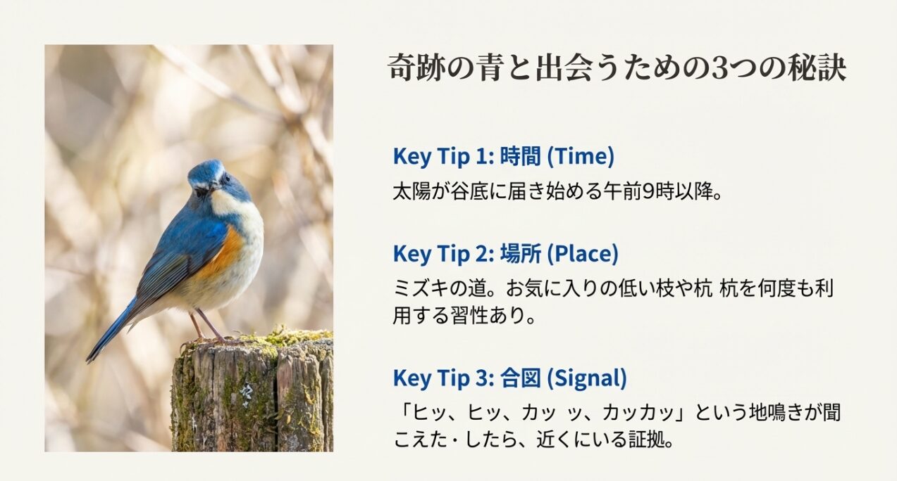 ルリビタキに出会うための時間（午前9時以降）、場所（ミズキの道）、合図（ヒッ、ヒッという地鳴き）を解説したスライド