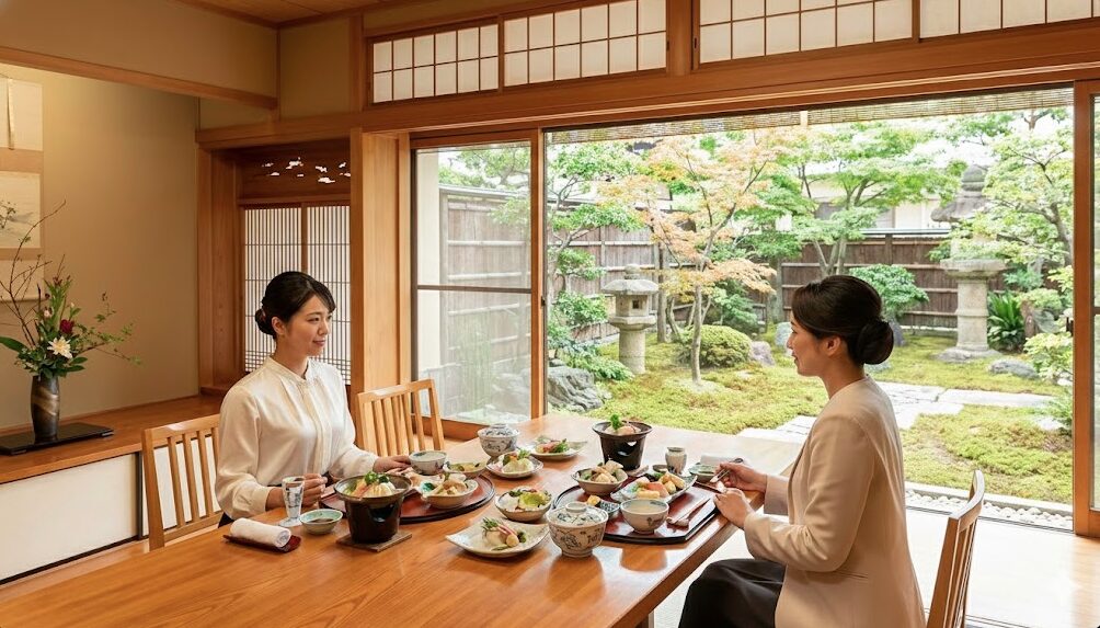 レンブラントホテル海老名のような場所にある、品格と静寂に包まれた日本料理レストランの優雅なランチ空間。