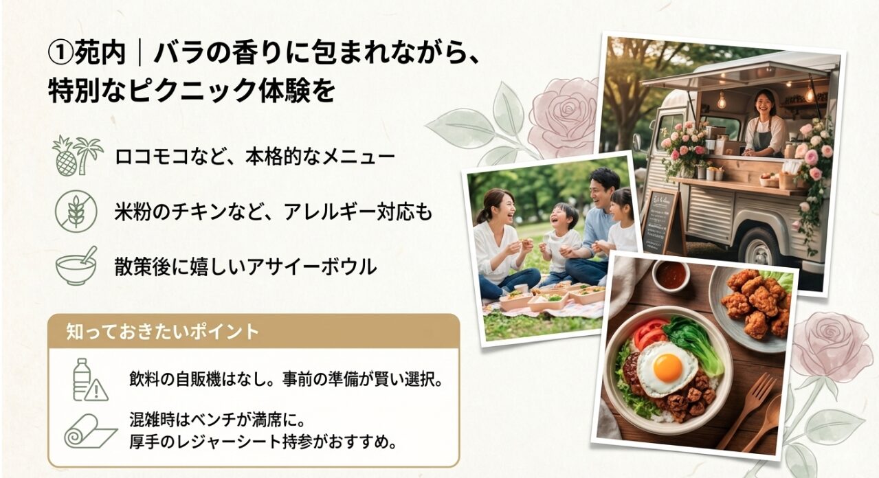 ロコモコやアサイーボウルなどのキッチンカーメニューとレジャーシート持参の推奨
