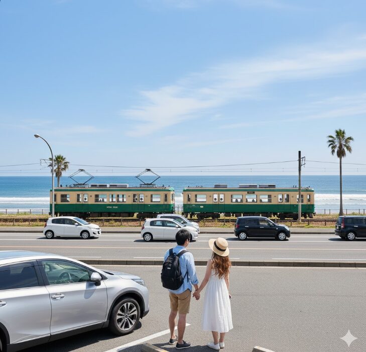 七里ヶ浜海岸駐車場に車を停め、江ノ電に乗り換えようとしている日本人のカップル。渋滞を避けるためのパーク＆ライドの様子。