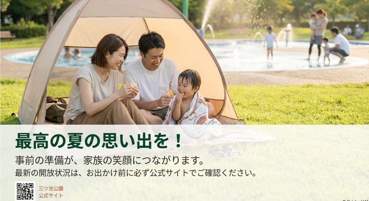 三ツ池公園で最高の夏の思い出を、というメッセージと公式サイト確認の促し