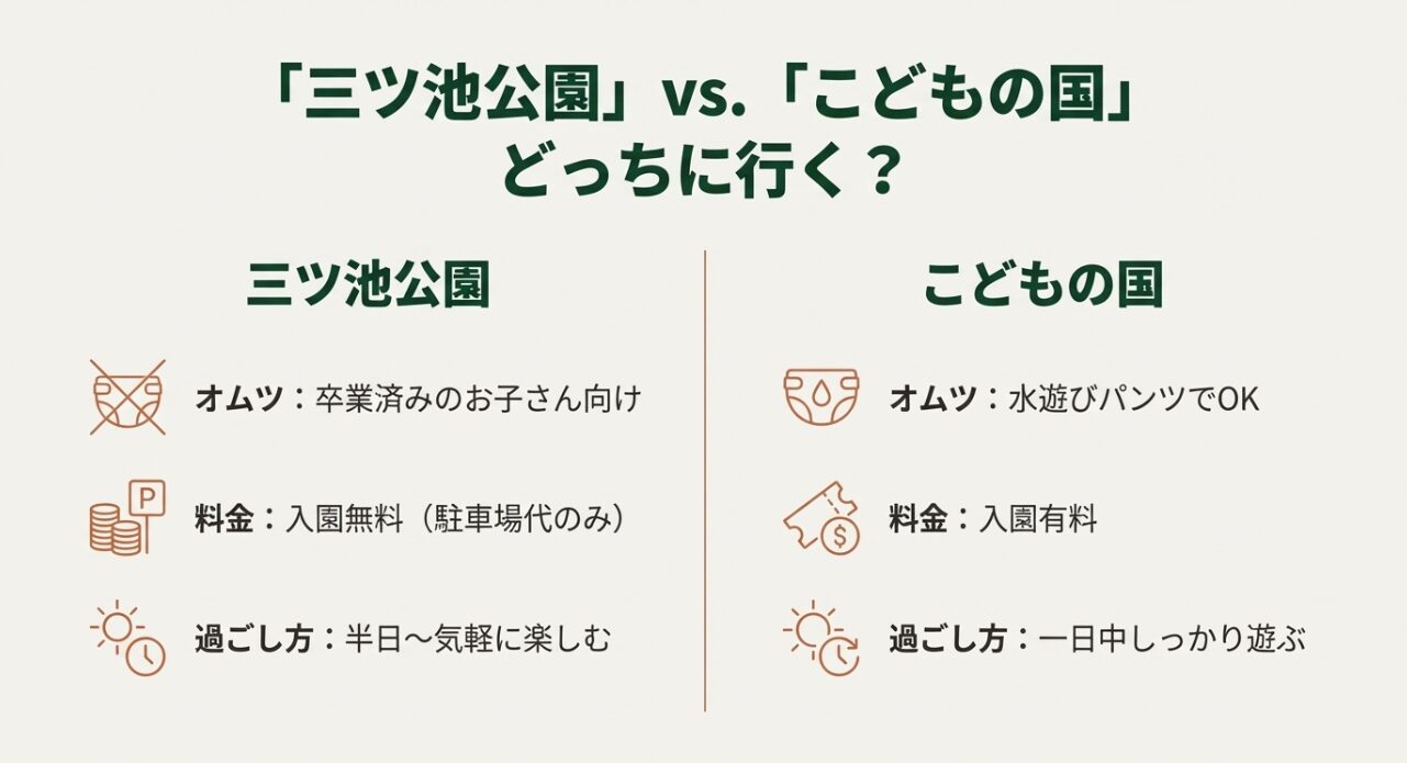 三ツ池公園とこどもの国のオムツルール、料金、過ごし方の比較表