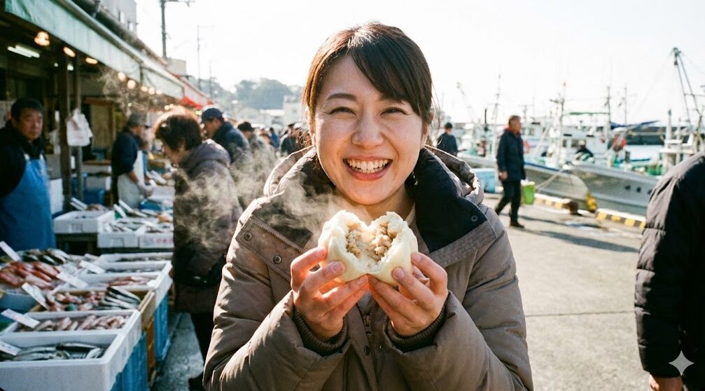 三崎朝市名物の熱々「とろまん」（マグロ中華まん）を手に持ち、湯気を感じる食べ歩きの様子。
