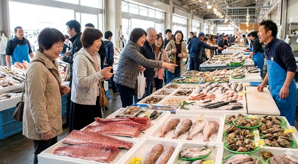 三崎港の「うらりマルシェ」のさかな館で、マグロのサクや地元の鮮魚が並ぶ活気ある魚介の直売所の様子。