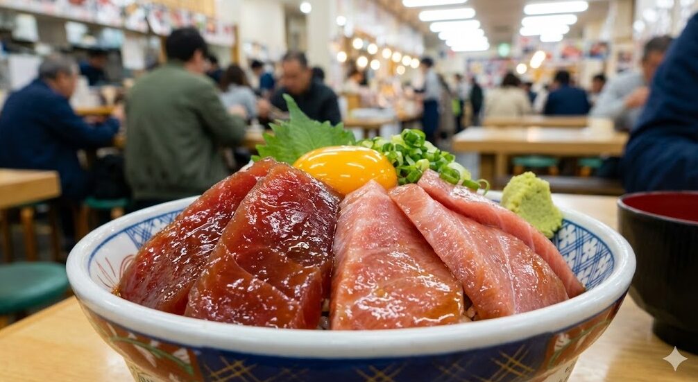 三崎魚市場食堂で提供される、鮮度抜群で濃厚な赤身と中トロを含む特製マグロ漬け丼。