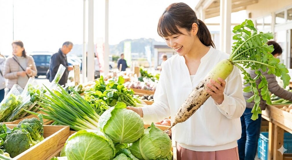 三浦半島のJA直売所「すかなごっそ」で、新鮮な泥付きの三浦大根やキャベツなど、朝採れ野菜を吟味している日本人女性。