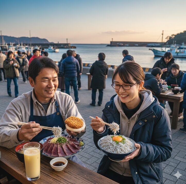 三浦半島の朝市で新鮮な海鮮丼やマグロメンチカツを食べる日本人カップル。早朝の港の活気ある雰囲気。