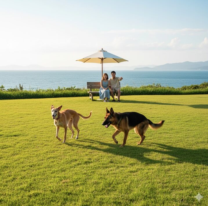 三浦半島の海を一望できる広大な天然芝のプライベートドッグランで、大型犬のサイトハウンドとジャーマンシェパードが走り回って遊んでいる。