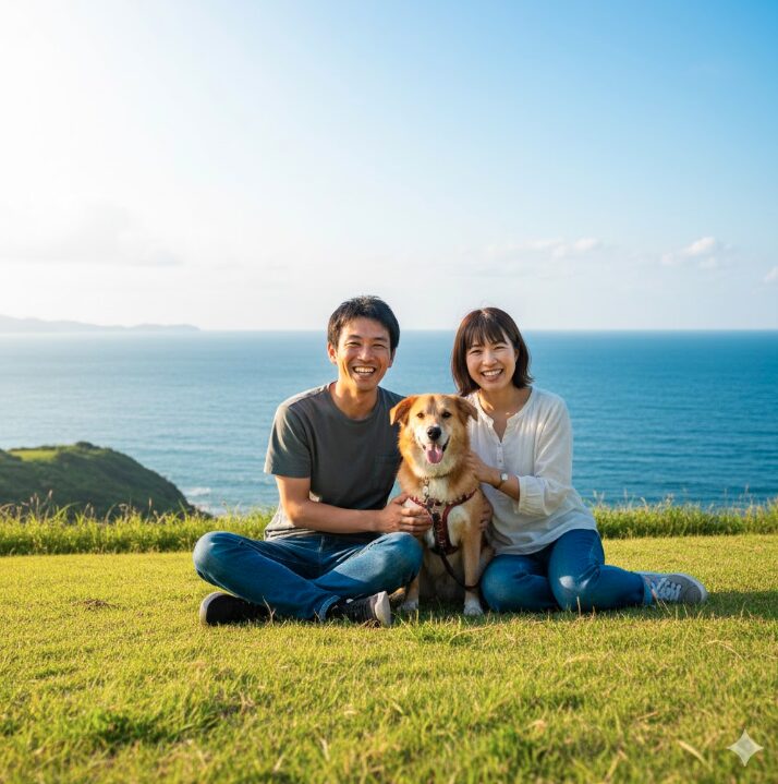 三浦半島の海を見下ろす丘の上で、笑顔で並んで座っている日本人のカップルと、その間に座っている中型の雑種犬