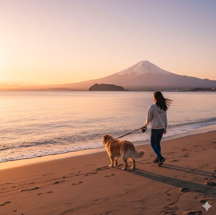 三浦半島の海を見下ろす丘の上で、笑顔で並んで座っている日本人のカップルと、その間に座っている中型の雑種犬。