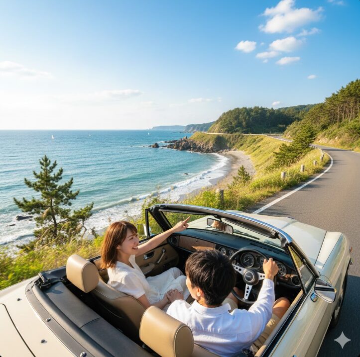 三浦半島の海岸沿いを走る快適なドライブコースと、車内から海の絶景を楽しむカップルの様子。