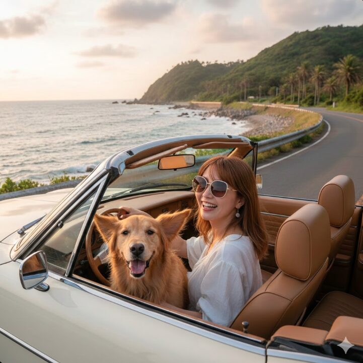 三浦半島の海沿い道路を、笑顔の日本人女性が運転するオープンカーの助手席からゴールデンレトリバーが顔を出してドライブを楽しんでいる様子。