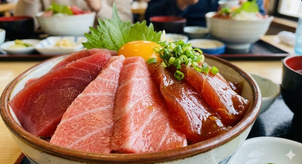 三浦半島の食堂で提供される、新鮮な赤身、中トロ、漬けがたっぷり乗った三崎マグロ丼のアップ。