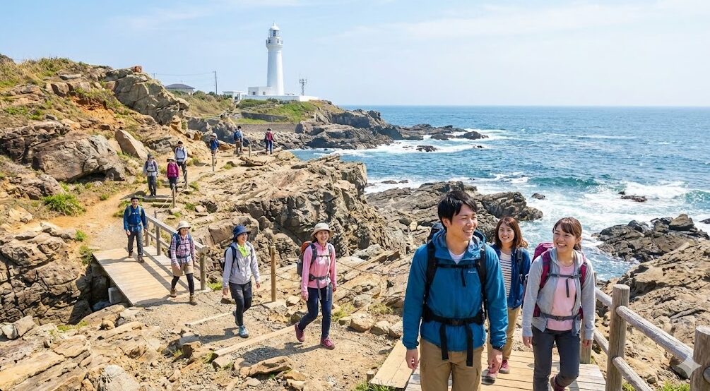 三浦半島・城ヶ島の荒々しい岩場の海岸線と、ハイキングコースを散策する観光客の様子。遠くに城ヶ島灯台が見える。