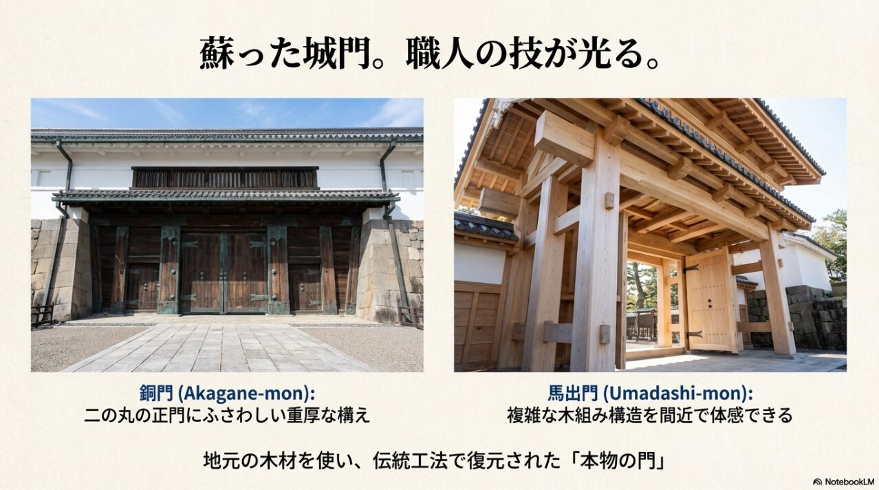 伝統工法で忠実に復元された重厚な「銅門」と、複雑な木組みが見える「馬出門」の写真