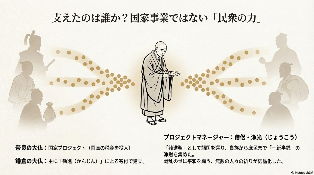 僧侶・浄光による勧進活動と民衆からの寄付が集まる様子の図解