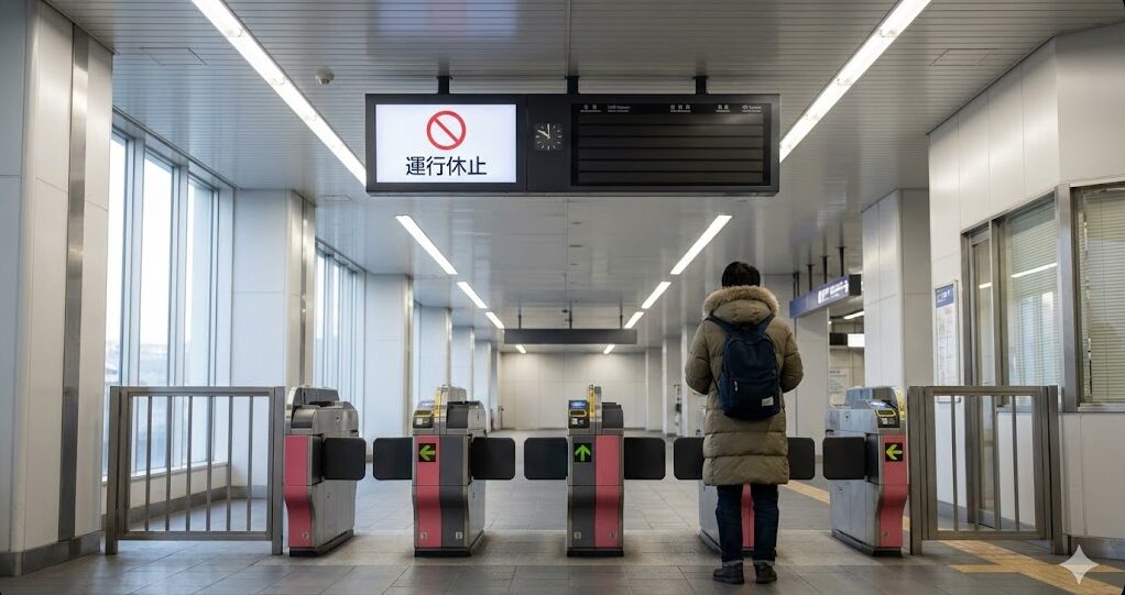 元旦の早朝、閉鎖された改札口や運行休止の案内表示を見る、誰もいないみなとみらい線の駅ホーム。