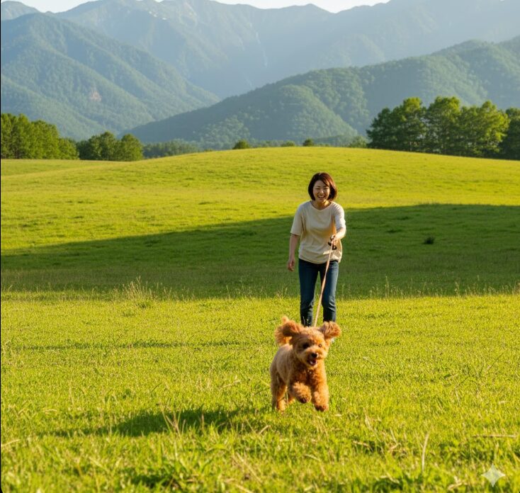八ヶ岳や清里のような広大な自然の中で、ロングリードを使って愛犬が楽しそうに走り回っている様子。