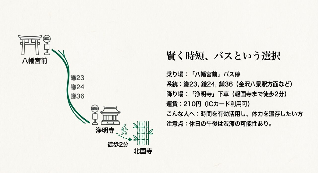 八幡宮前」バス停から系統23・24・36のバスに乗り「浄明寺」で下車するルート案内